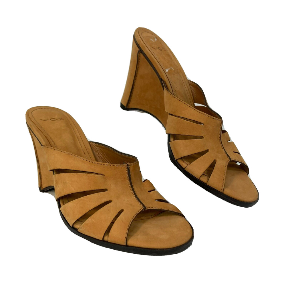 VOZ Sandals Womens Sz 7.5 Camel Tan Beige Leather Slip On Tajima Wedge Heel New